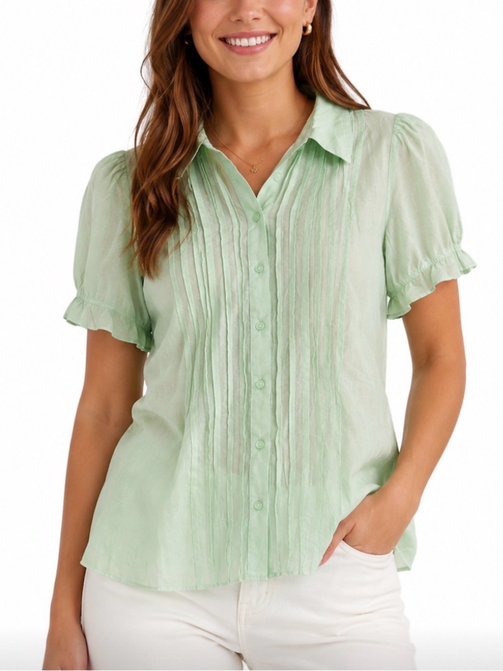 Banana Republic Pale Mint Pintuck Button-Front Blouse Y2K Silk Cotton